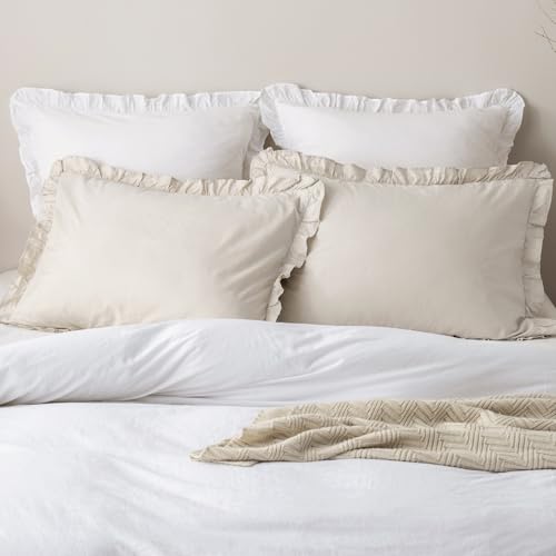 "PHF 100% Washed Cotton Ruffle Pillowcases King Size, 2 Pack 20"" X 36"" Pillow Shams, No Insert, Ultra Soft Cotton Pillow Cases,Decorative Farmhouse Bedding, Linen/Oatmeal"