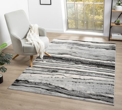 Obsidian Modern Low Pile Area Rug - Polypropylene Weaving - Jute Backing - Floral Traditional Abstract Designs Rugs, Grey, 200x290 cm
