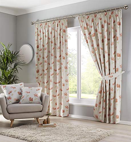 Portfolio Westbury Pencil Pleat Tape Top Header Floral Curtains, Terracotta, 90x90
