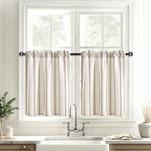JIUZHEN Striped Linen Kitchen Curtains 2 Panels - Short Tier Drapes with Rod Pocket, Farmhouse Cafe Curtains for Small Windows 36 Inch Length, Wheat Stripe Brown