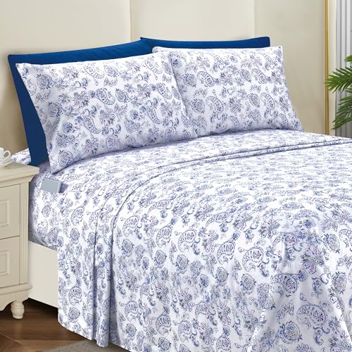 Elegant Comfort Softest and Coziest 6-Piece Bedding Sheet Set for Double Bed - 1500 Premium Hotel Quality Microfiber - Deep Pocket, Wrinkle Resistant Paisley Pattern Bed Sheets, Queen, Paisley Indigo