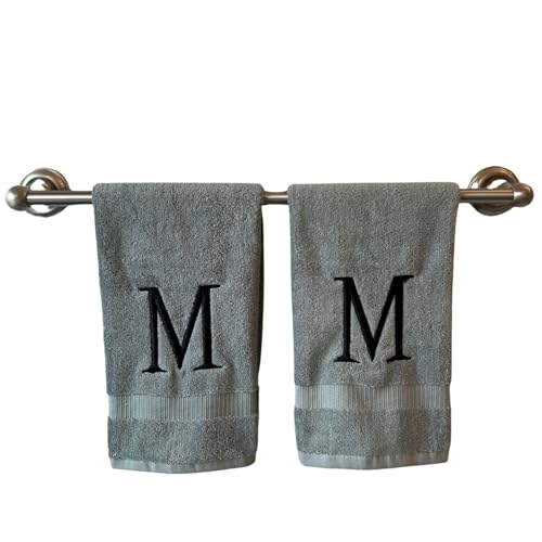 Gray with Black Monogrammed Hand Towels for Bathroom - Set of 2 Letter M - Luxury Hotel Quality Initial Towels For Powder Room, Spa, GOTS Organic Certified