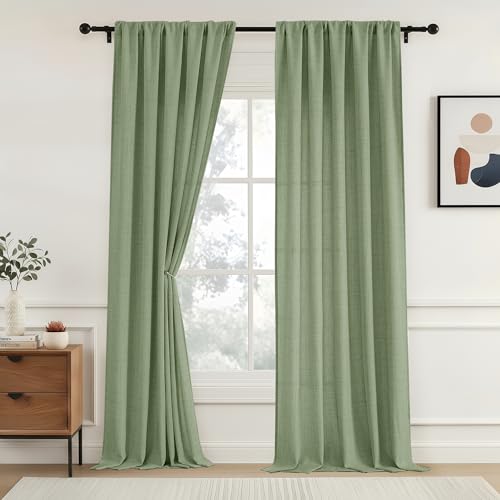 OVZME Extra Wide Curtains 96 Inches Long 2 Panels, Light Filtering Rod Pocket Window Drapes, Faux Linen Rustic Farmhouse Dining Room Curtains for Sliding Glass Door, Green, 2x52Wx96L Inches