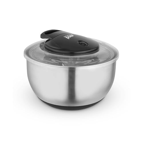 GF847071 Good Food in partnership with Tower Salad Spinner with Removable Basket, Easy Pull Cord, Stop Button and Non-Slip Base, 5 Litre, Stainless Steel, Silver