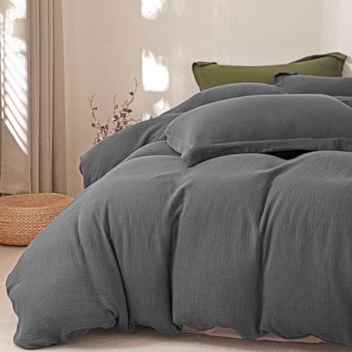 "MorroMorn Muslin Duvet Cover Twin Size, 100% Breathable Cotton 2-Layer Gauze Comforter Cover Set 3 Pieces with 2 Pillowcases Zipper Closure & Corner Ties, Ultra Soft Linen Like, 68""x90"", Dark Grey"