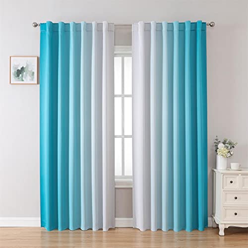 MIUCO Blackout Curtains & Drapes for Bedroom Living Room 84 Inches Long Turquoise and White Room Darkening Ombre Curtains Rod Pocket & Back Tab Curtains Thermal Insulated Light Blocking 2 Panels Set