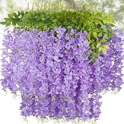 Dveda 24 Pack 3.6 Feet/Piece Wisteria Artificial Flowers, Fake Wisteria Vine Ratta Hanging Flowers with Green Leaves, Fake Outdoor Silk Flowers for Home Party Garden Wall Wedding Decorations, Purple