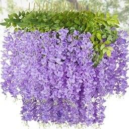 Dveda 24 Pack 3.6 Feet/Piece Wisteria Artificial Flowers, Fake Wisteria Vine Ratta Hanging Flowers with Green Leaves, Fake Outdoor Silk Flowers for Home Party Garden Wall Wedding Decorations, Purple