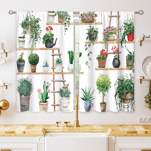 oolygoo Boho Plant Floral Kitchen Curtains, Flower Plant Small Window Treatment, Green Leaf Cafe Short Window Curtains for Bathroom Dining Laundry Room, Farmhouse Nature Botanical Drapes 27.5x39 inch