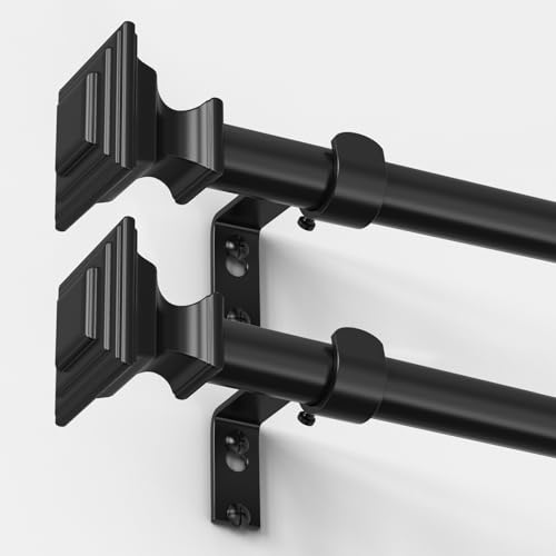 VOIIY 2 Pack Curtain Rod, 36-90 Inch Adjustable Black Window Treatment Rods - Heavy Duty Window Treatment Rods for Windows, Modern Decorative Drapery Rods with Square Finials for Living Room, Bedroom