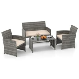 RELAX4LIFE 4PCS Rattan Garden Furniture Set, All-Weather Conversation Set with Glass Tabletop and Removable Cushions, Wicker Sofa Chair and Table Set for Backyard (Off-white, Loveseat-107x63x78cm)