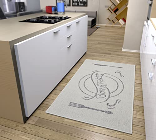 Hanse Home Bon Appetit Rug Runner - Kitchen Rug with Lettering, Non-Slip, Easy Care, Robust, Oeko-Tex Rug Runner for Kitchen, Hallway, Dining Room - Cream Grey, 92 x 150 cm
