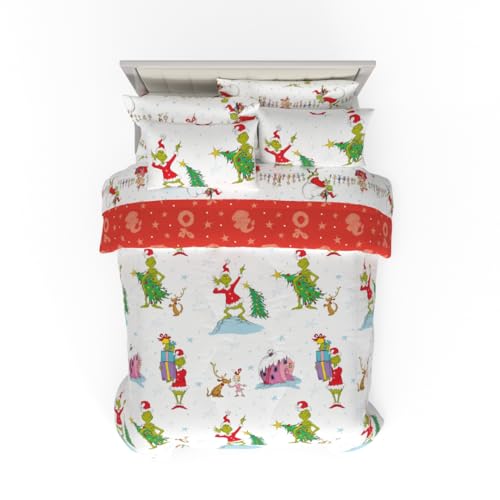 Franco Comforter and Sheet Set with Sham, Microfiber, Grinch-White + Red, 7 Piece Full Size