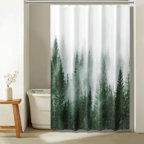 "ORTIGIA Green Misty Forest Shower Curtains,Nature and Woodland Shower Curtain,Fantasy Fog Magic Winter Tree Bath Curtain for Bathroom,Waterproof Polyester Fabric 60"" Wx72 L-with Hooks"
