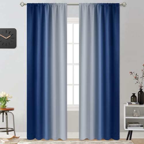 Yakamok Light Blocking Ombre Curtains, Room Darkening Thermal Insulated Gradient Color Curtains, Rod Pocket Window Drapes for Living Room/Bedroom (Blue and Greyish White, 2 Panels, 52W x 90L Inch)