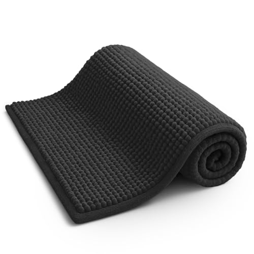 KEPLIN Non-Slip Microfibre Bath & Toilet Mat - Soft, Plush & Comfortable Rug with Machine Washable Design - Water Absorbent & Quick Drying to Keep Bathroom & Home Hygienic & Clean - (40x60cm) Black