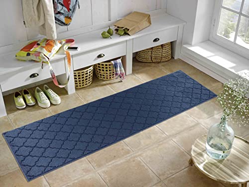 Ivy Washable Non-Slip Trellis Hallway Runner Mat, Navy, 80x300cm