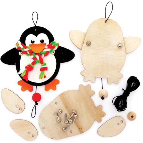 Baker Ross Flapping Penguin Wooden Puppet Decoration Kits - Pack of 5, Penguin Puppet Craft, Wooden Christmas Decoration