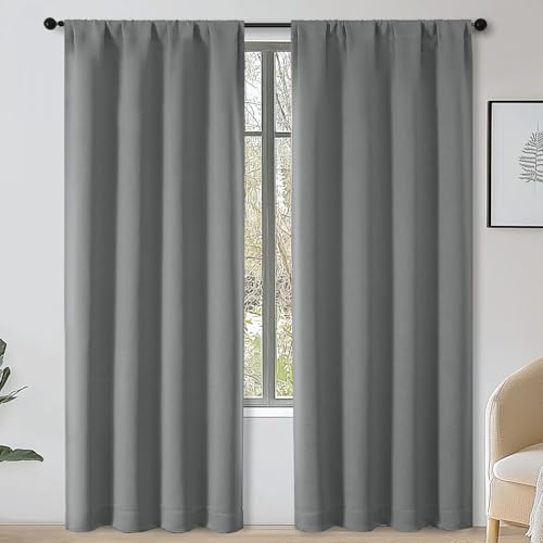 OWENIE Sally Light Grey Room Darkening Curtains for Bedroom Living Room 72 Inch Length 2 Panels Set, Privacy Thermal Insulated Rod Pocket Window Curtains for Patio French Front Door, W40 x L72 Inch