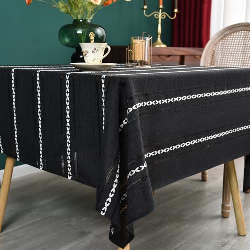 NEWISHER Farmhouse Embroidered 70x70 Inch Square Tablecloth Linen Texture - Black Square Table Cloth, Rustic Jacquard Striped Tablecloth, Washable Dining Table Cover for Kitchen Home Decoration