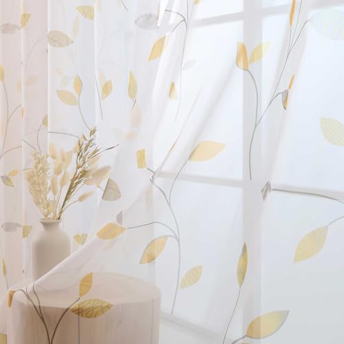 L.Z.E Leaf Sheer Curtains for Living Room 63 Inch Length, Spring Yellow Orange Plant Pattern Elegant White Natural Curtains & Drapes for Bedroom Nursery, Window Treatment Grommet Top, 2 Panels Set