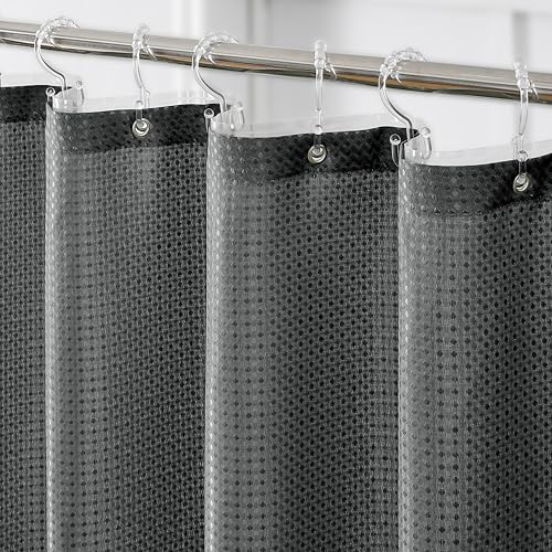 QIYI 3 in 1 Shower Curtain Set, Charcoal Grey Waffle Shower Curtain and Liner Set with 12 Double Shower Curtain Hooks, Waterproof Fabric Bathroom Curtain with PEVA Liner & Clear Plastic Rings, 72 x 78