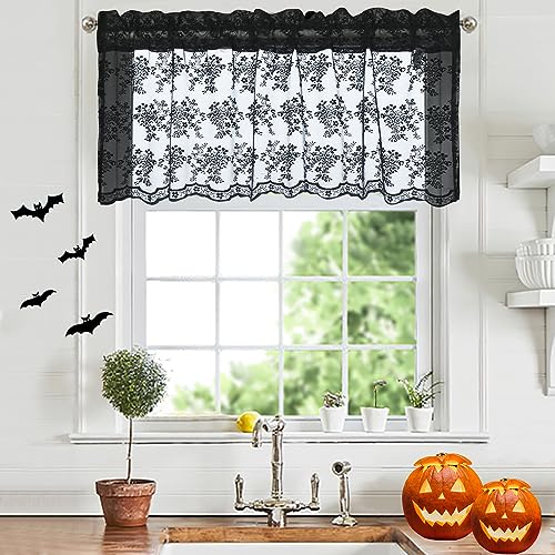 "YJ YANJUN Hallowen Curtains for Windows 18"" Long Black Floral Lace Gothic Scary Skull Gothic Halloween Decor 48"" x 18"", 1 Panel"