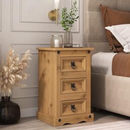 Corona 3 Drawer Bedside Table Pine Bedroom Side Cabinet Nightstand Waxed Wood W 35 x D 33 x H 58 cm