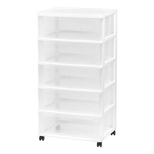 IRIS USA Plastic Drawer Storage Organizer Rolling Cart, with Wheels Casters, 5-Drawers, for Classroom Art Craft Supplies Dresser Closet Bathroom Dorm Bedroom Laundry Room, Wide, White/Clear