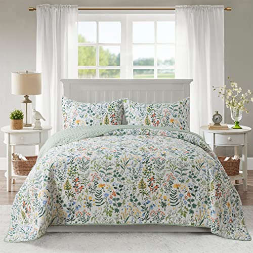 NEWLAKE Cotton Bedspread Quilt Sets-Reversible Patchwork Coverlet Set, Green Classic Floral Pattern, Queen Size