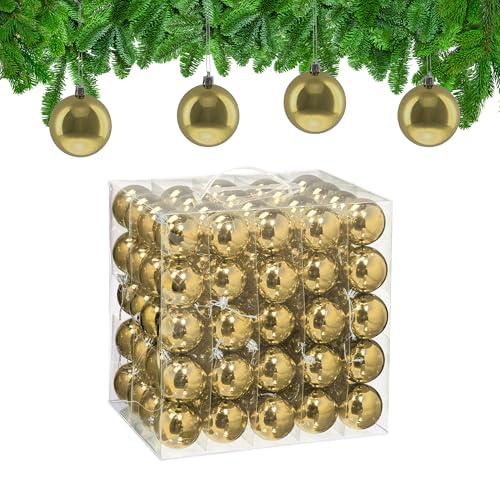 Relaxdays Christmas Baubles, Set of 100, Festive Tree Ornaments, D: 6 cm, Holiday Decorations, Plastic, Shiny, Gold