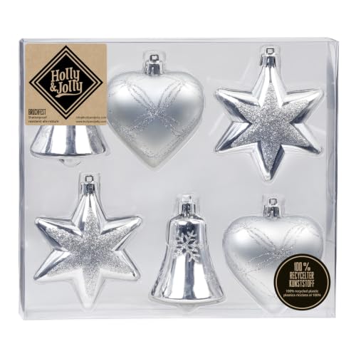 Magic Pack of 6 Plastic Christmas Baubles 9 cm Shapes Assortment Bell Heart and Star Christmas Tree Decoration Christmas Decoration Silver