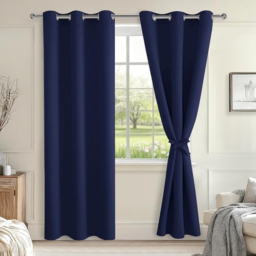 Hiasan Blackout Curtains for Bedroom, 38 x 84 Inches Long - Thermal Insulated & Light Blocking Window Curtains for Living Room, 2 Drape Panels Sewn with Tiebacks, Navy Blue