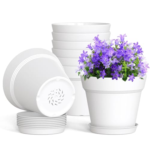 WSMKSZ 4 Inch Plastic Plant Pots with Drainage Holes and Trays ??? 8 Pack Small Nursery Pots for Indoor & Outdoor House Plants and Flowers, Seedling Starter Planters, White
