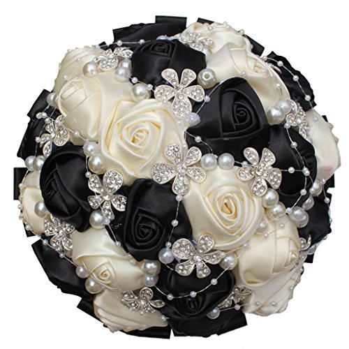S-SSOY Handmade Bridal Bouquet Silk Roses and Shiny Rhinestone A-018 Black and White