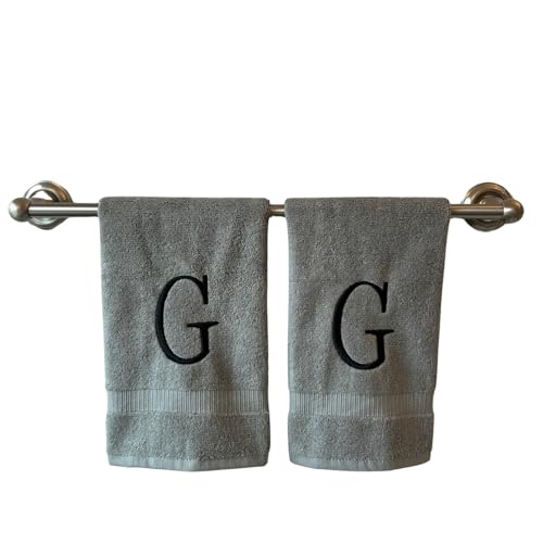 Gray with Black Monogrammed Hand Towels for Bathroom - Set of 2 Letter G - Luxury Hotel Quality Initial Towels For Powder Room, Spa, GOTS Organic Certified