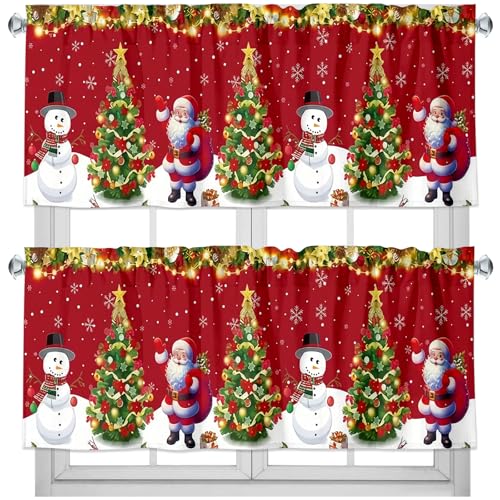 GlikCeil 2 Pack Christmas Valance Curtains for Windows Snowman Santa Valances Red Xmas Tree Lights Rod Pocket Short Curtains Window Treatment for Christmas Kitchen Window Decor 54 x 18 Inch