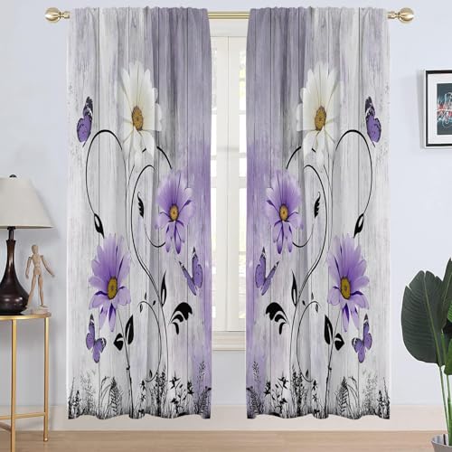 "AAtter Purple Floral Window Curtain Lavender Lilac Rustic Flowers Country Butterfly White Daisy Abstract Long Wide Living Room Bedroom Window Drapes Treatment Fabric 1 Pair, 52"" W x 84"" L, Wooden"
