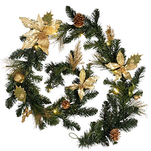 WeRChristmas 6ft Decorated Pre-Lit Garland Christmas Decoration Illuminated with 20 Warm White LED Lights, Cream/Gold
