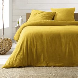 Douceur d'Intérieur, 3-Piece Bedding Set (240 x 220 cm) Angelia Yellow, 1 Face Cotton and 1 Side Cotton Gauze