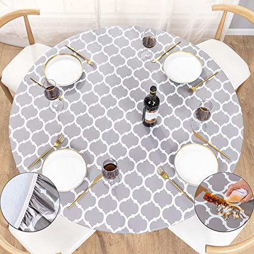 "UMINEUX Round Fitted Vinyl Tablecloth with Elastic Edged & Flannel Backing, Waterproof Wipeable Round Table Cover for Indoor Outdoor Patio Use - Fits Tables up to 40"" - 44"" Diameter(Gray Moroccan)"