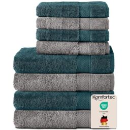 Komfortec Set of 8 Hand Towels 100% Cotton, 4 Bath Towels 70 x 140 cm and 4 Hand Towels 50 x 100 cm, Terry Clothing, Soft, Towel, Large, Anthracite Grey/Petrol
