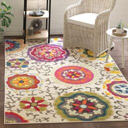 Safavieh Boho Rug for Living Room, Dining Room, Bedroom - Monaco Collection, Short Pile, in Ivory and Multi, 200 x 200 cm