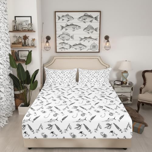Hunt Fishing Fitted Sheet Twin Size,Sketch Black White Fishhooks Print Bedding Set for Kids Boys Men Adult Bedroom Decor,Hunting Fish Bed Sheets Modern Soft Deep Pocket Sheet,1 Pillowcase