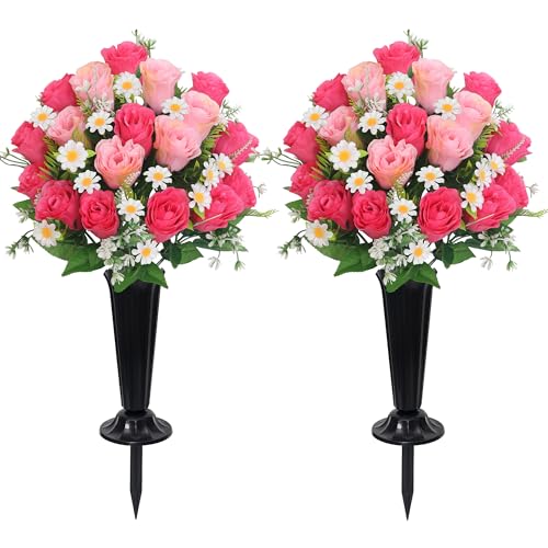 Wocst Artificial Cemetery Flowers for Grave Memorial Day Flowers for Cemetery,2Pack Artificial Silk Roses Daisy Bouquets with Cemetery Vases for Outdoor Grave Decorations ??? (Pink)