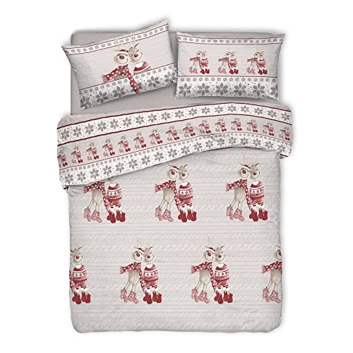 PENSIERI DELICATI 100% Cotton Double Duvet Cover Set, Complete with 250 x 200 cm Bag and 2 Pillowcases 52 x 82 cm, Made in Italy, Duvet Cover Machine Washable At 40 Degrees, Red Reindeer Design