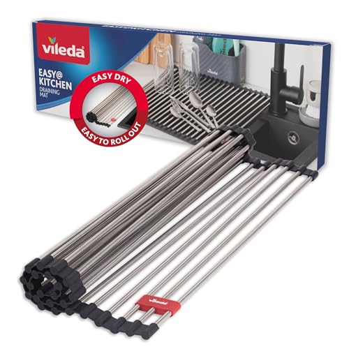 Vileda Roll Up Dish Drainer 45 x 40 cm Stainless Steel Draining Rack - 24 coated steel bars, rolls up to store, works as a draining rack, sink cover and trivet