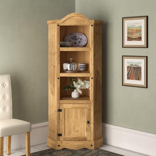 Corona Corner Display Unit Bookcase Cabinet Mexican Solid Pine with Wax Finish Black Metal Hardware W74 x D37 x H188 cm