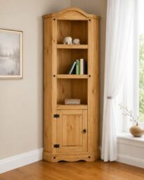 Corona Corner Display Unit Bookcase Cabinet Mexican Solid Pine with Wax Finish Black Metal Hardware W74 x D37 x H188 cm