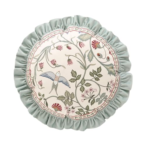 "bilin gaier Round Throw Pillow Cover,Green Cozy Velvet Farmhouse with Birds and Floral Pattern Pillowcases,Decoration Pillows Cushion Covers for Couch Sofa Bed Car Chair,Diameter 16"""